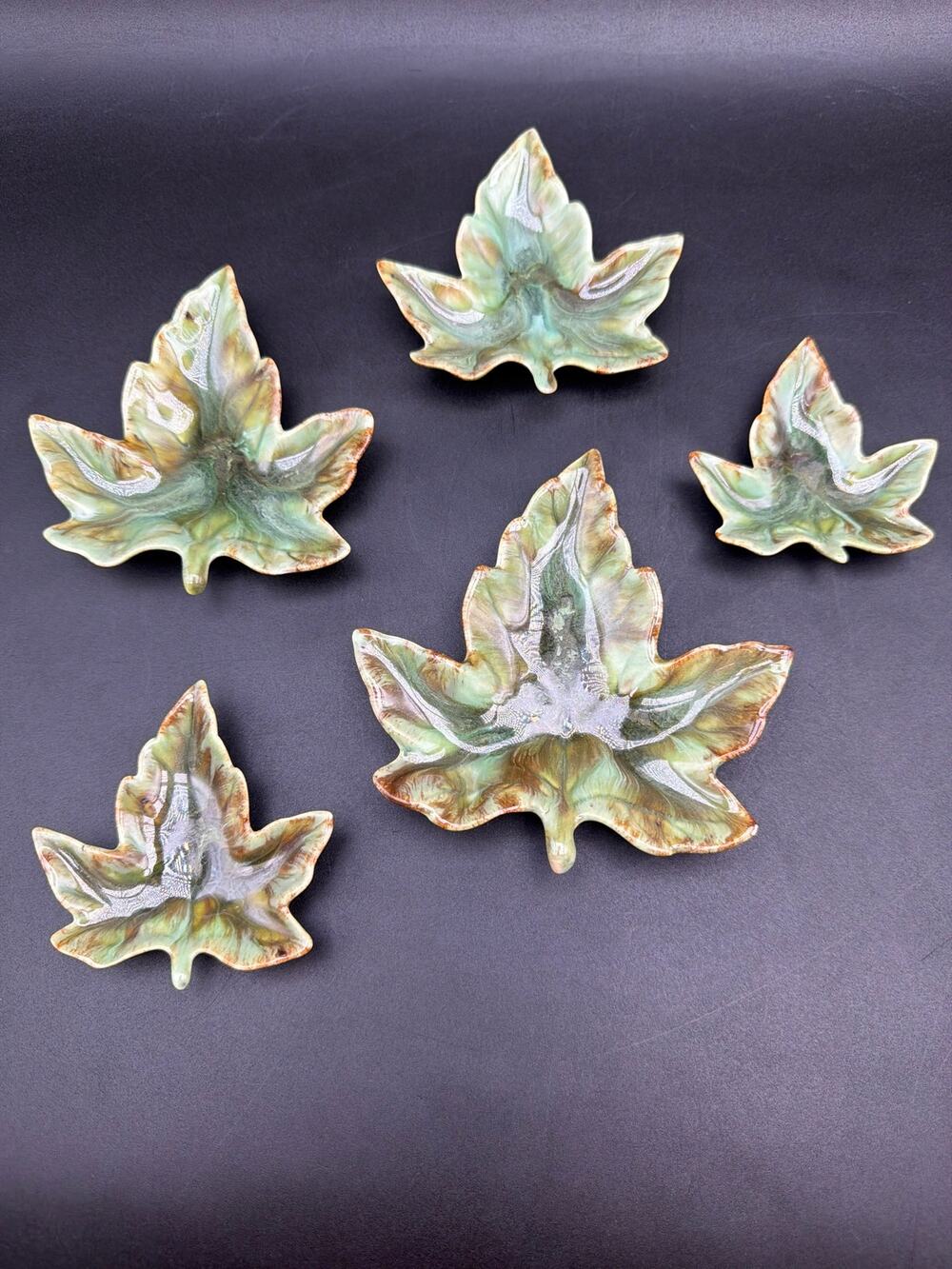 Vintage Maple Leaf Dishes Set of 5 Nesting Ceramic Green Brown MCM Pottery